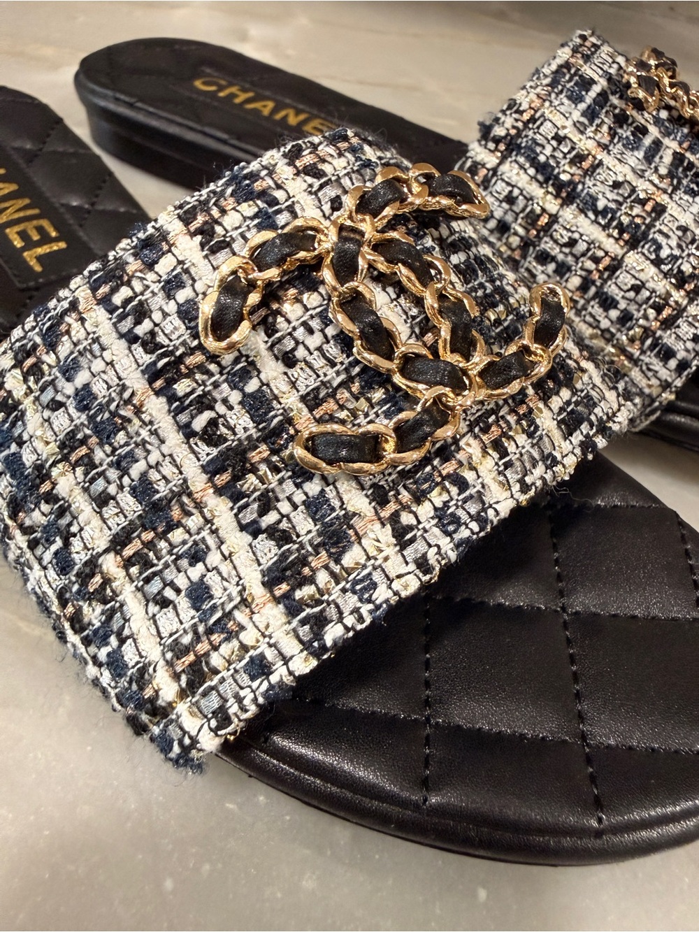 CHANEL Black Quilted Slide Mules with Tweed Strap and Gold CC - Picture 3 of 5